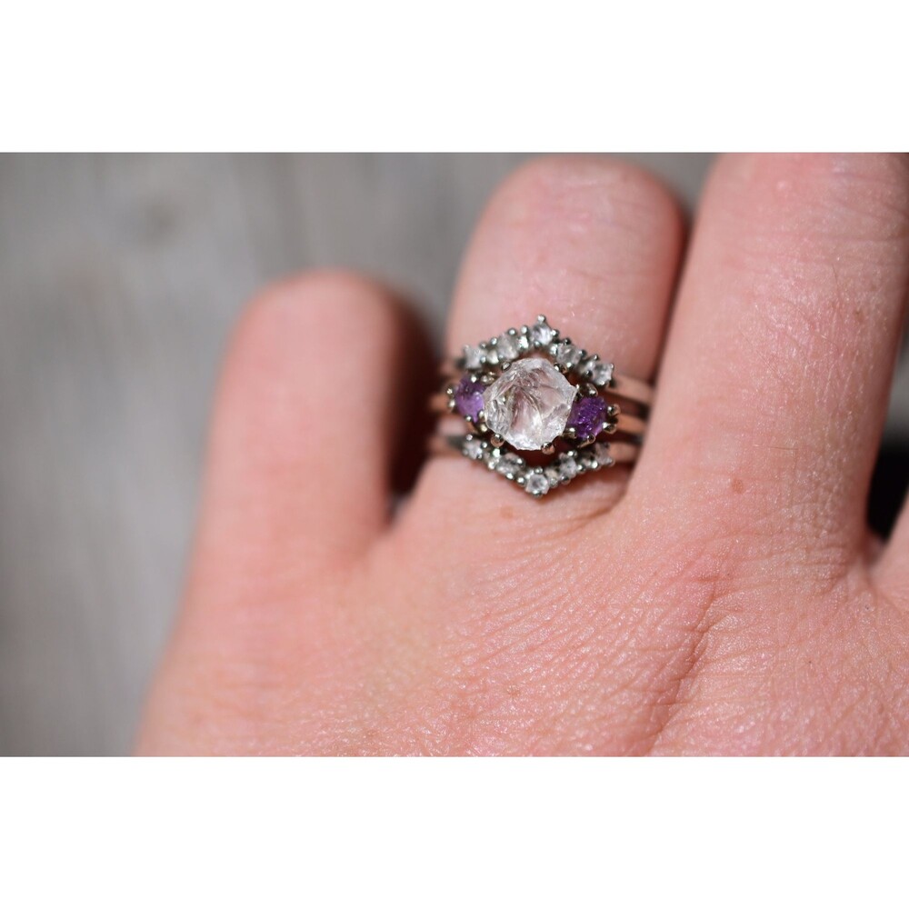 Amethyst engagement ring set, raw diamond ring, raw stone ring, alternative enga